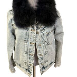 Light Blue Denim Jacket with Black Faux Fur Collar